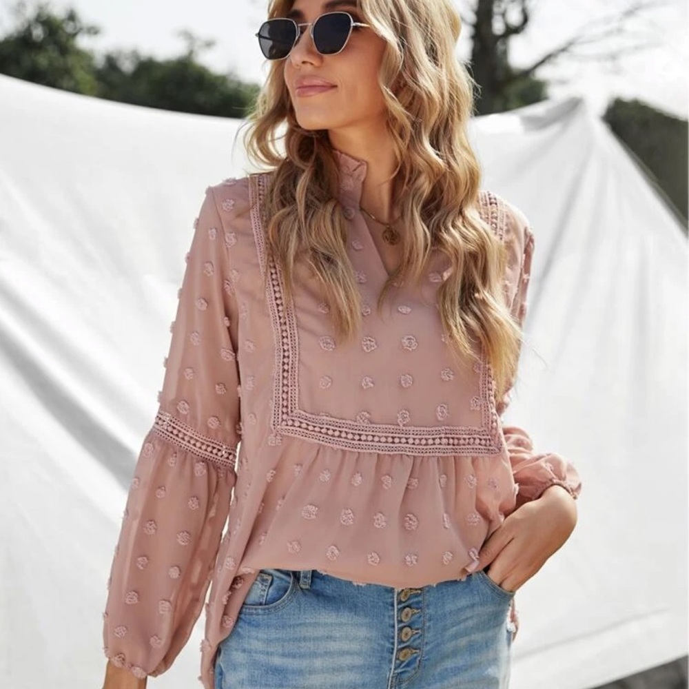 Long sleeve swiss dot sheer chiffon blouse boho - Picture 8 of 8